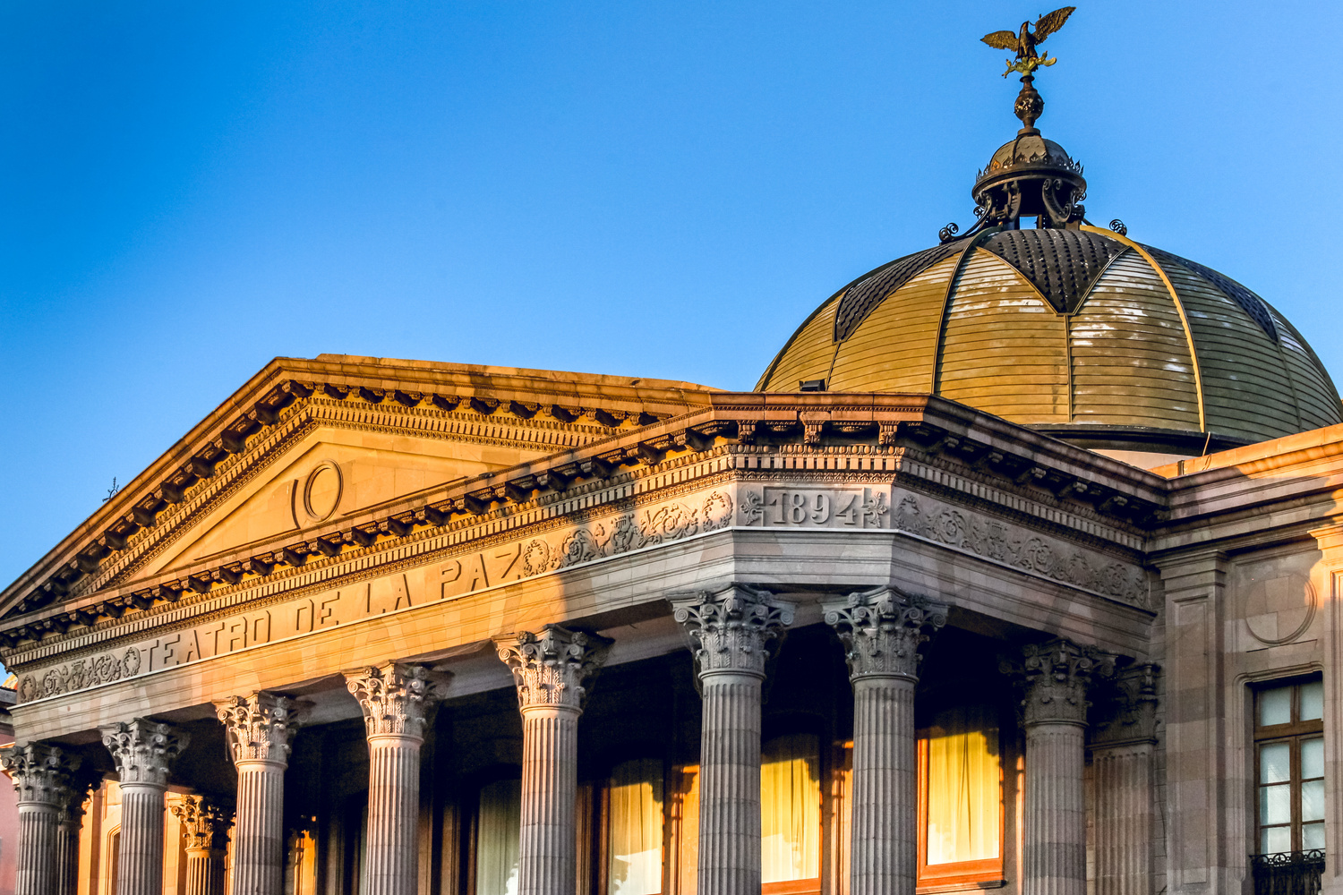 The neoclassical facade and dome of the Peace Theater in San Luis Potosi northern Mexico